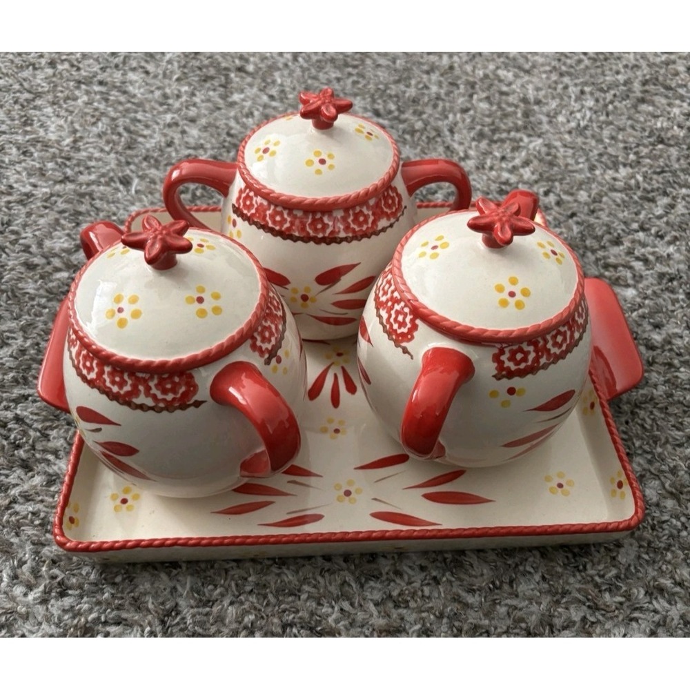 Temptations Old World Red Hand Painted 4pc Soup + Sandwich Set Ceramic Dishes